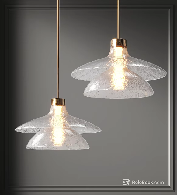 Modern Transparent Glass Petal Pendant Lights with Golden Metal Accents Illuminated Warm Light Grey Wall 3d model 