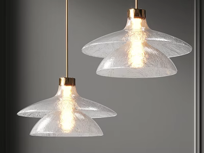 Modern Transparent Glass Petal Pendant Lights with Golden Metal Accents Illuminated Warm Light Grey Wall 3d model