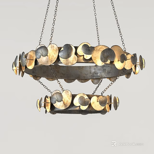Metallic Two Tier Chandelier With Circular Decorative Plates Suspended By Chains 3d model 