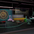 Cartoon Sci Fi Room Scene With Green Wall Circular Symbol Orange Couch Table And Computer