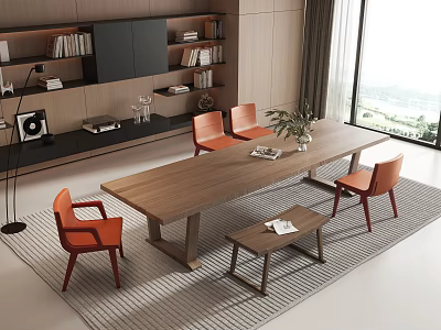Modern Dining Table Set with Long Wooden Table Four Orange Chairs and Small Bench 3d model
