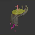 Gray Hand Supporting Yellow Circular Base With White Lighthouse Bird And Falling Pink Fragments