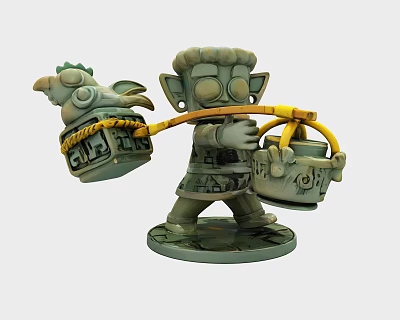 Creative Art Sculpture Humanoid Figure With Hat Large Eyes Holding Containers Rope And Base 3d model