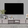 Modern White TV Stand with TV Decorative Plant Ornaments and Picture Frame