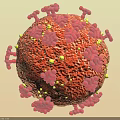 Detailed 3D Rendering of Virus Structure With Red Surface Spike Proteins and Yellow Particles