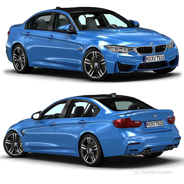 Blue BMW Sport Sedan With Front Rear View And Alloy Wheels Design 3d model 