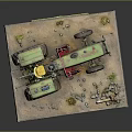 Vintage Green Tractor Model with No Parking Sign on Display Platform and Small Stones