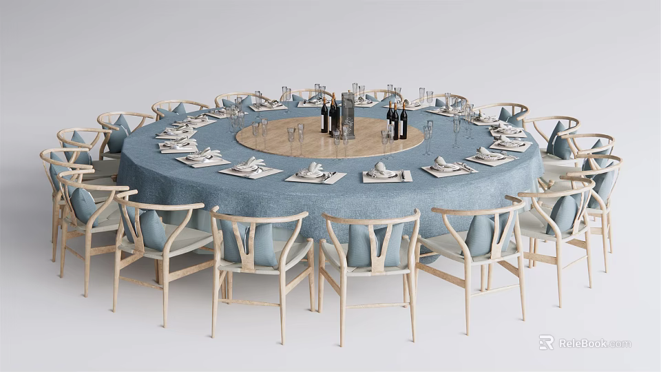 Elegant Round Dining Table Set with Blue Tablecloth Matching Chairs Tableware Wine Glasses Wine Bottles 3d model