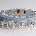 Elegant Round Dining Table Set with Blue Tablecloth Matching Chairs Tableware Wine Glasses Wine Bottles 3d model
