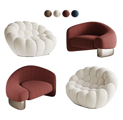Modern Casual Sofa Set With Round Curved Design White Red Colors Soft Upholstery And Metal Legs 3d model