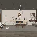 Modern Beige Living Room Interior With White Sofa Fireplace Pendant Lights And Wooden Coffee Table