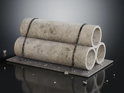 Concrete Pipes Bound With Black Straps Stacked On Black Platform With Gravel Scattered Around 3d model