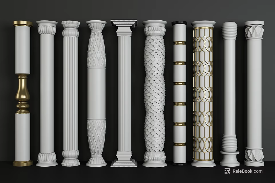 Various Styles Of White Roman Columns With Gold Accents And Carved Patterns 3d model 