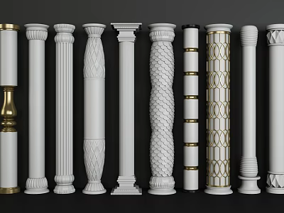 Various Styles Of White Roman Columns With Gold Accents And Carved Patterns 3d model