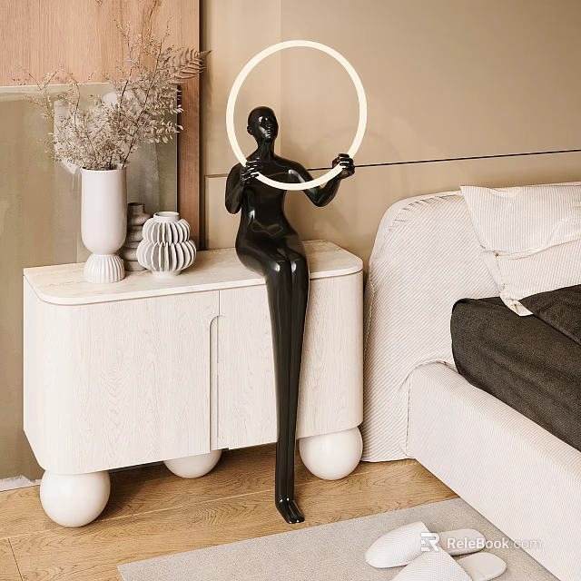 White Nightstand With Vase And Decorative Items Beside Black Humanoid Sculpture Holding Ring Light 3d model 
