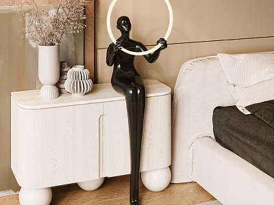 White Nightstand With Vase And Decorative Items Beside Black Humanoid Sculpture Holding Ring Light 3d model