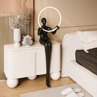 White Nightstand With Vase And Decorative Items Beside Black Humanoid Sculpture Holding Ring Light 3d model