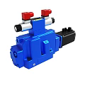 Blue Industrial Hydraulic Valve With Red Knobs And Silver Pipes 3d model