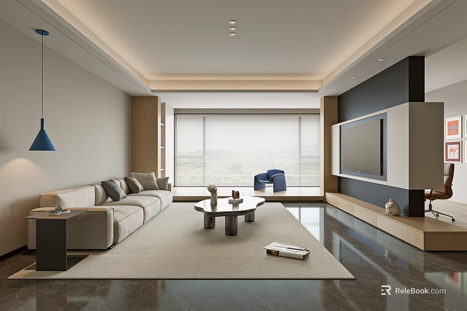 Modern Living Room Interior With Sofa Coffee Table TV Wall And Floor To Ceiling Windows 3d model 