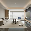 Modern Living Room Interior With Sofa Coffee Table TV Wall And Floor To Ceiling Windows