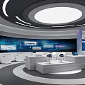 Modern Exhibition Hall With Urban Landscape Screens And Business Introduction Displays