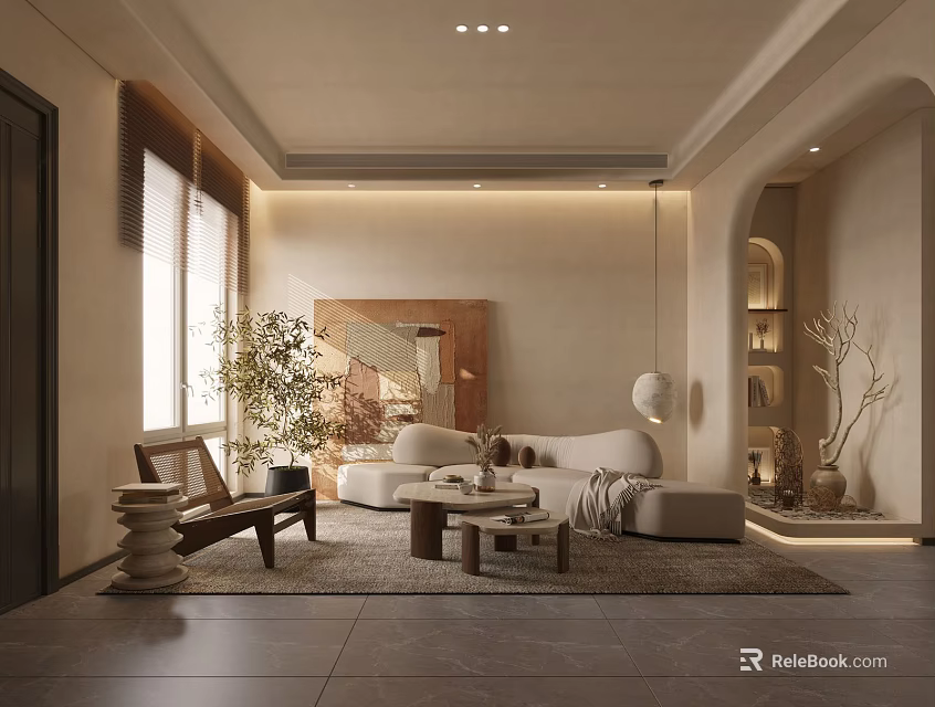 Modern Living Room Interior With Beige Sofa Wooden Coffee Tables Rug Green Plants And Curved Doorway 3d model 