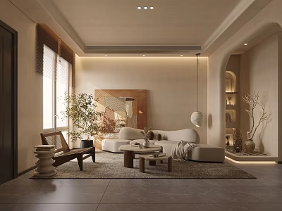 Modern Living Room Interior With Beige Sofa Wooden Coffee Tables Rug Green Plants And Curved Doorway 3d model