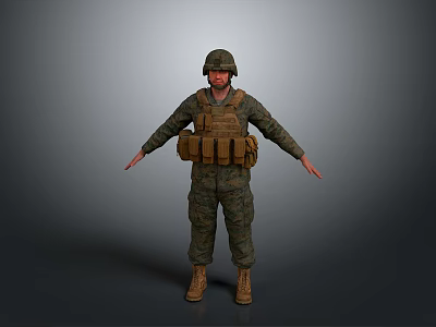 Military Soldier in Camouflage Uniform with Tactical Vest Helmet and Boots Standing Pose 3d model