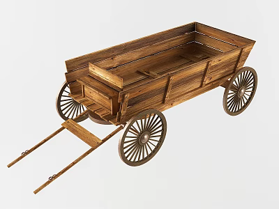Vintage Rustic Wooden Cart With Classic Design And Spoked Wheels 3d model