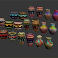 Colorful Decorative Vases With Various Patterns Arranged On Shiny Black Surface