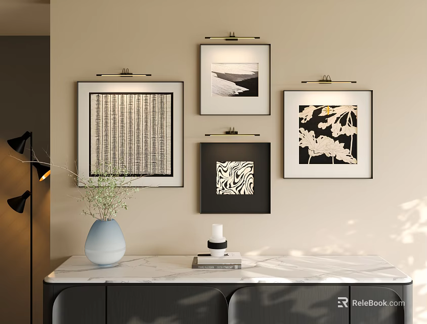 Abstract Paintings with Various Patterns Hanging on Beige Wall Above Marble Console Table 3d model