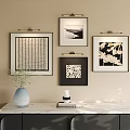 Abstract Paintings with Various Patterns Hanging on Beige Wall Above Marble Console Table 3d model