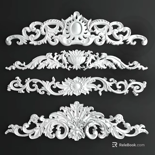 Intricate White Ornamental Carvings With Floral And Curved Patterns For Furniture Wall Architectural Decor 3d model 