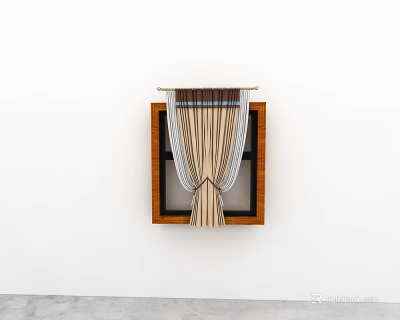 Modern Striped Curtains With Pleated Design On Wooden Window Frame For Home Decor 3d model 