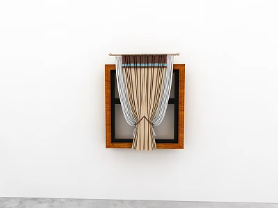 Modern Striped Curtains With Pleated Design On Wooden Window Frame For Home Decor 3d model