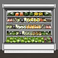 Display Cabinet Shelves With Various Vegetables And Packaged Foods Neatly Arranged