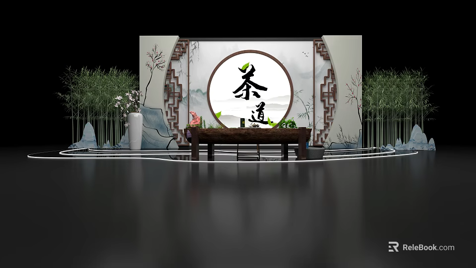 Traditional Tea Ceremony Setting With Circular Calligraphy Backdrop Bamboo Rockery And Wooden Table 3d model 