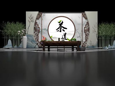 Traditional Tea Ceremony Setting With Circular Calligraphy Backdrop Bamboo Rockery And Wooden Table 3d model