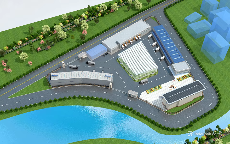 Industrial Plant Complex Aerial View Featuring Multiple Buildings Greenery Waterfront And Roads 3d model 