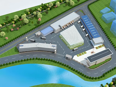 Industrial Plant Complex Aerial View Featuring Multiple Buildings Greenery Waterfront And Roads 3d model
