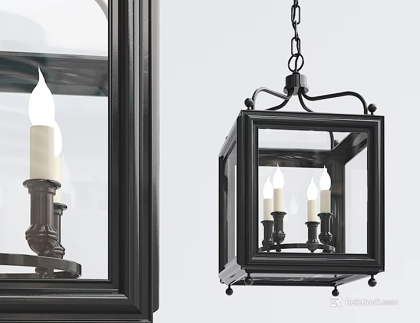 Vintage Black Square Frame Chandelier with Candle Bulbs and Classic Design 3d model 