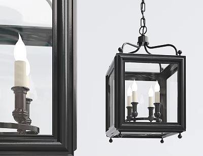Vintage Black Square Frame Chandelier with Candle Bulbs and Classic Design 3d model