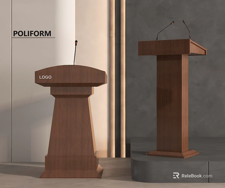 Elegant Wooden Podiums Two POLIFORM with LOGO and Microphones in Modern Design 3d model 