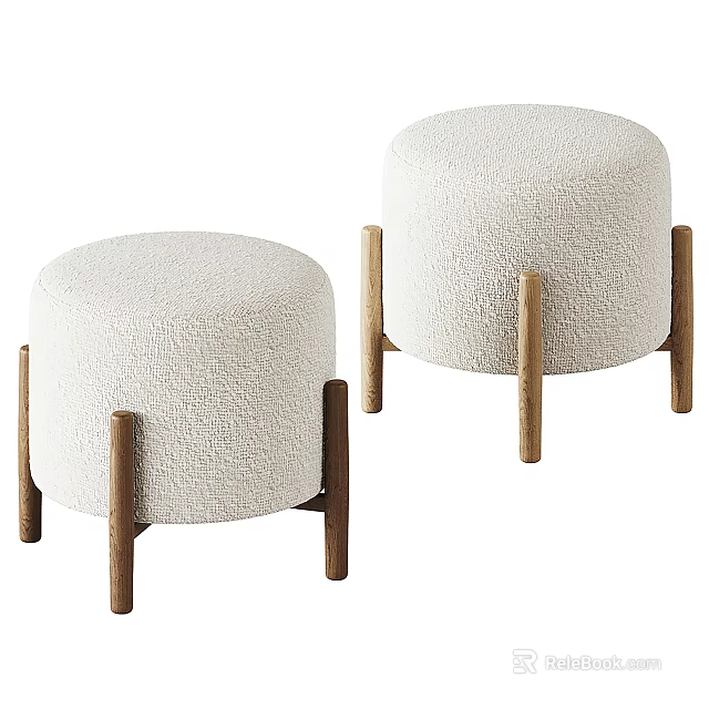 White Textured Upholstered Sofa Stools With Light Wooden Legs For Living Room 3d model 