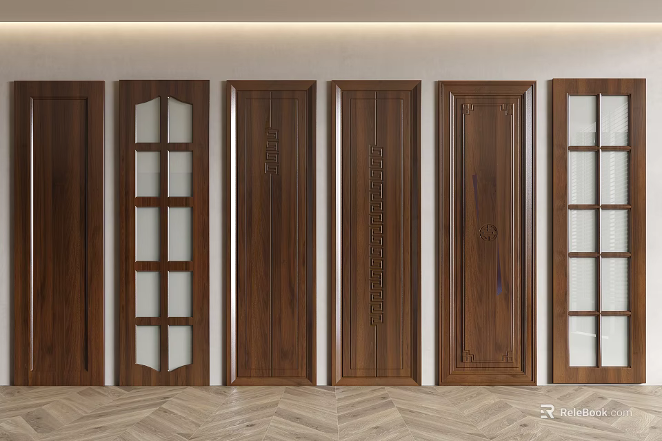 Various Designed Wooden Doors With Glass Panels And Carved Details On 3d model 