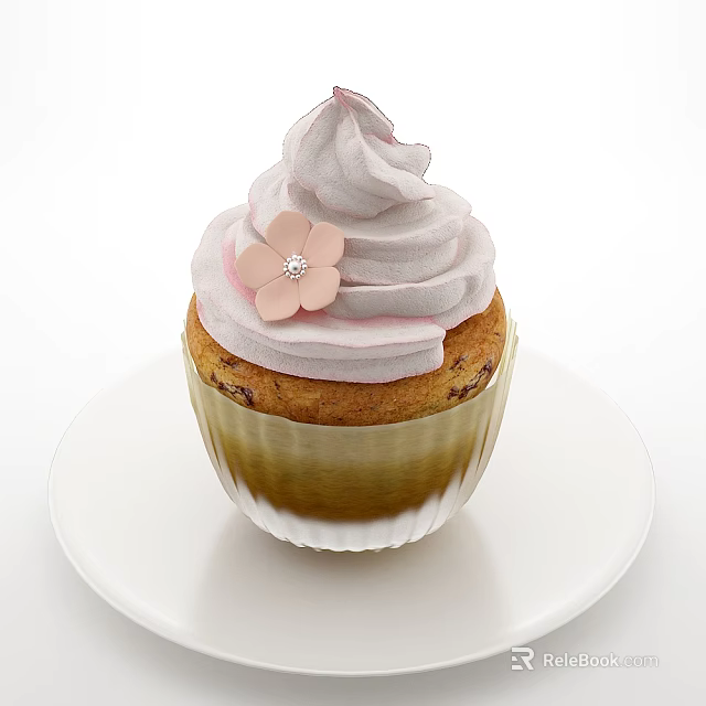 Sweet Cupcake With Light Pink Frosting Pink Flower Decoration And Gold Liner On White Plate 3d model 