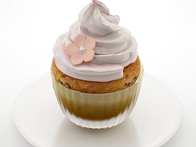 Sweet Cupcake With Light Pink Frosting Pink Flower Decoration And Gold Liner On White Plate 3d model