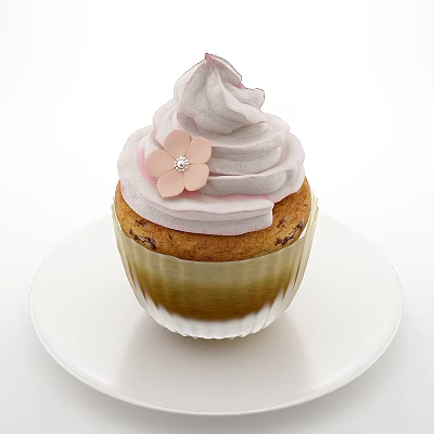Sweet Cupcake With Light Pink Frosting Pink Flower Decoration And Gold Liner On White Plate 3d model