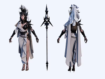 Female Character Wearing Black and White Robe with Intricate Headdress and Long Black Weapon 3d model