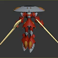 Red Mech Warrior With Long Golden Weapons And Umbrella Like Head Design